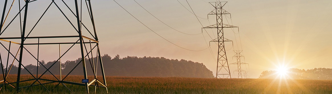 View of transmission pylons in the sunset