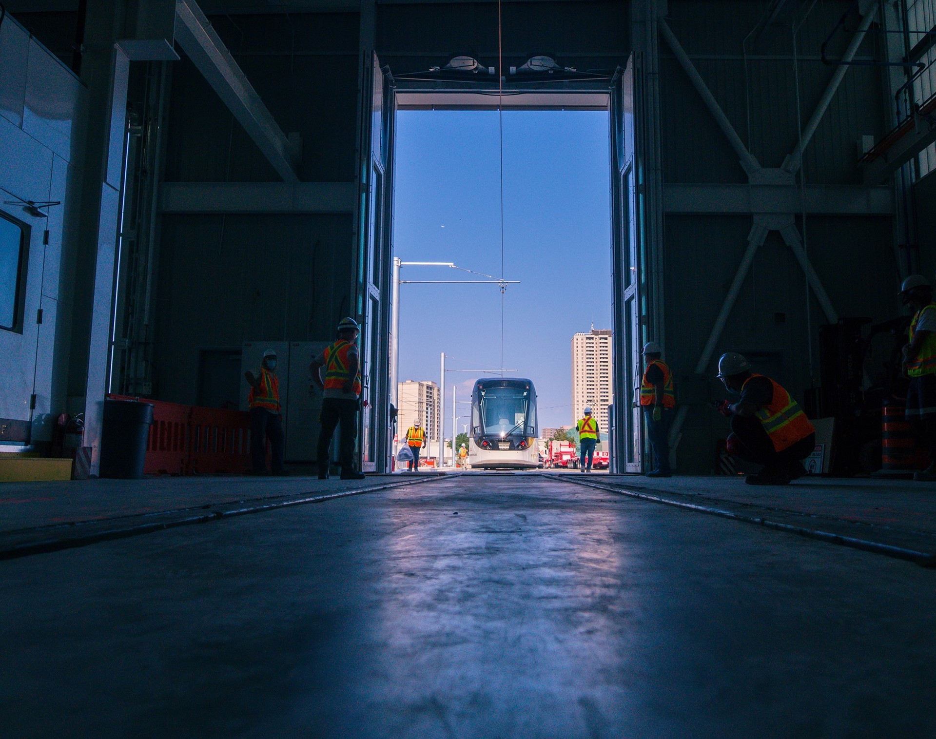 Light Rail Vehicle entering facility